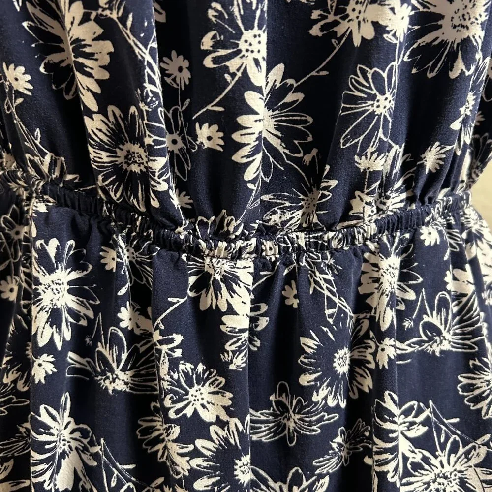 Women's Spring and Summer Navy Blue and White Printed Floral Dress with Ruffle